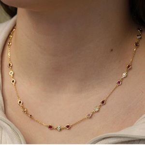 14kt Gold Bezel Set Station Lab Grown Diamond and Diffused Ruby Necklace